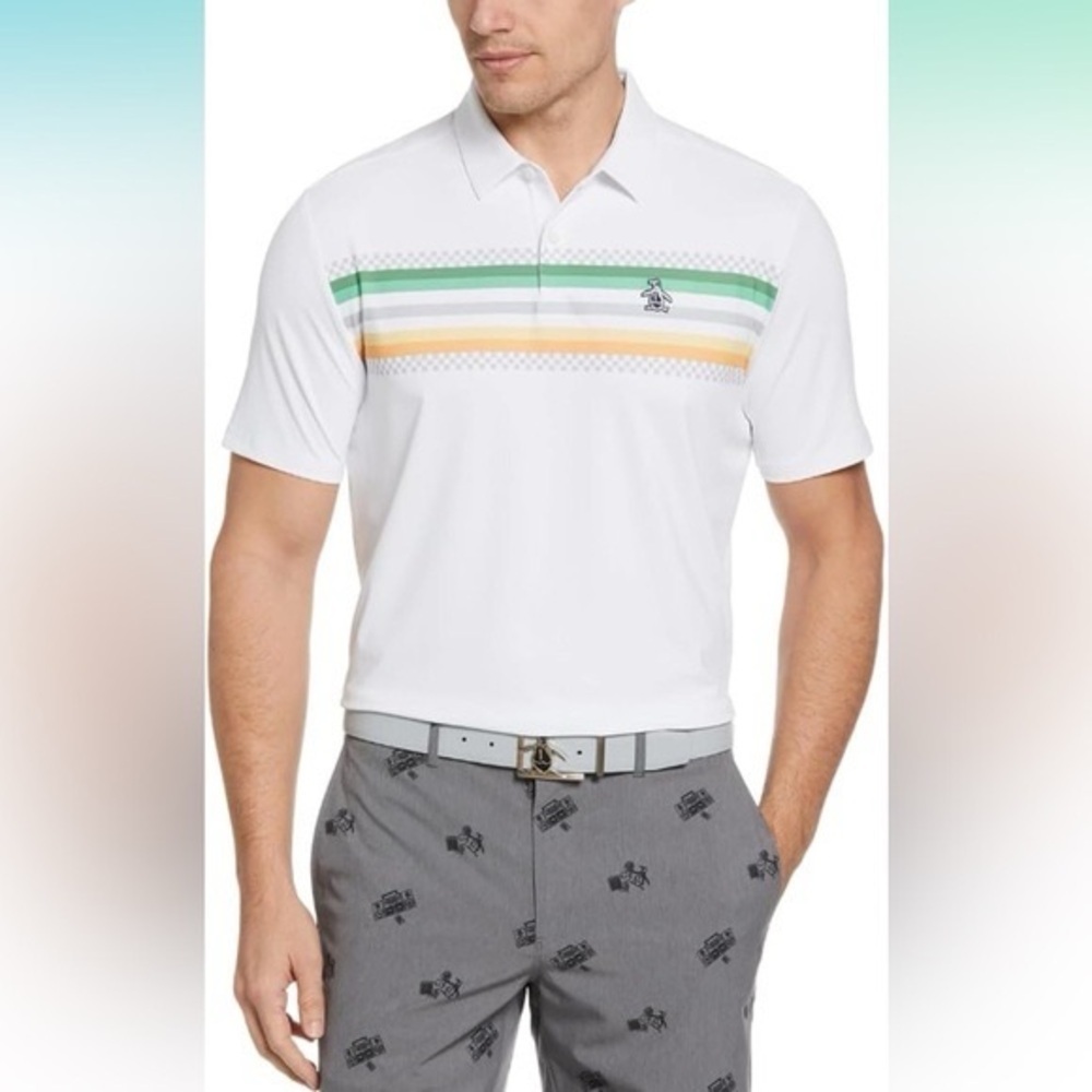 Original Penguin White and Green Polo Shirt with Textured Fabric